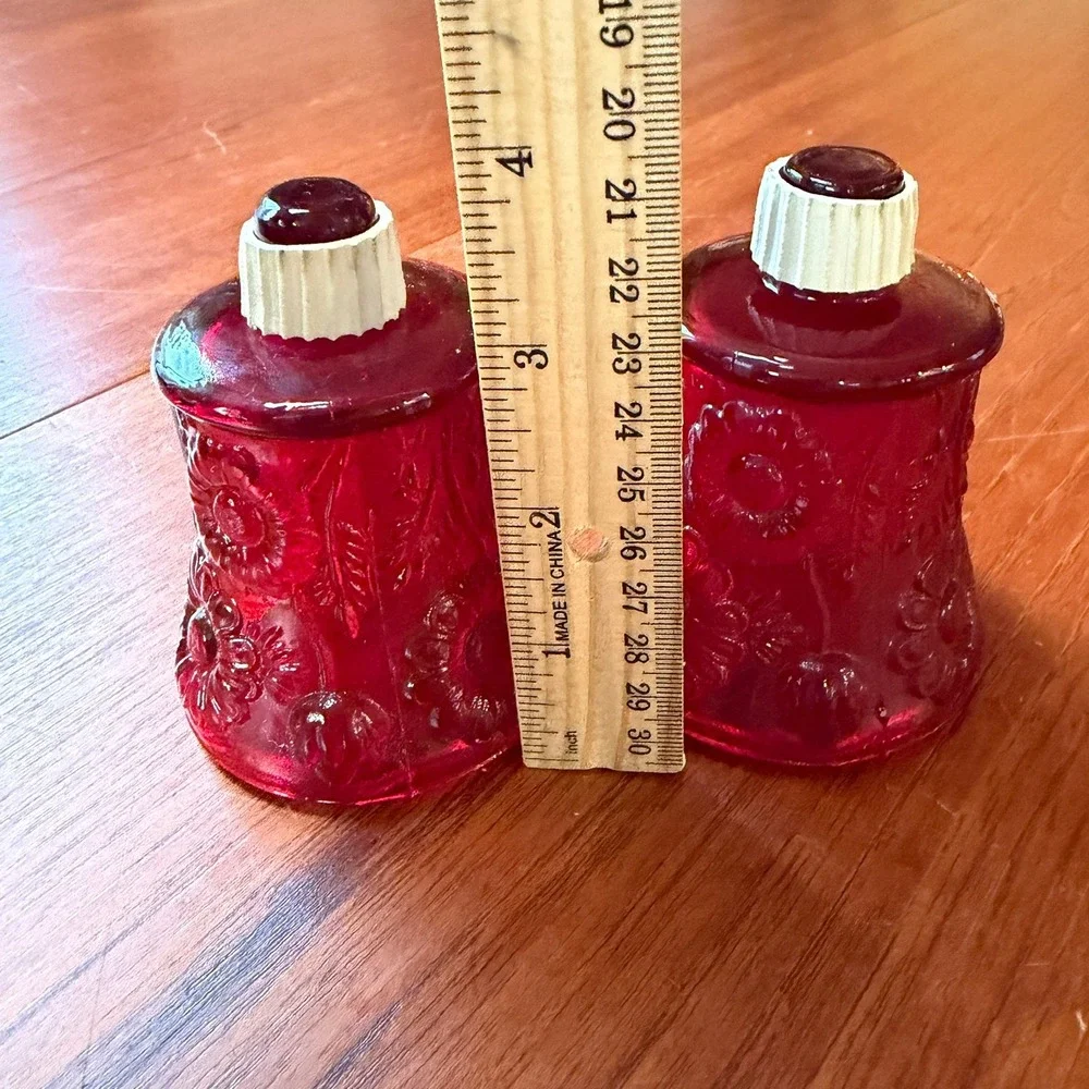 TWO Vintage Ruby Red Glass Floral Daisy Peg Votive Candle Holders MCM Retro